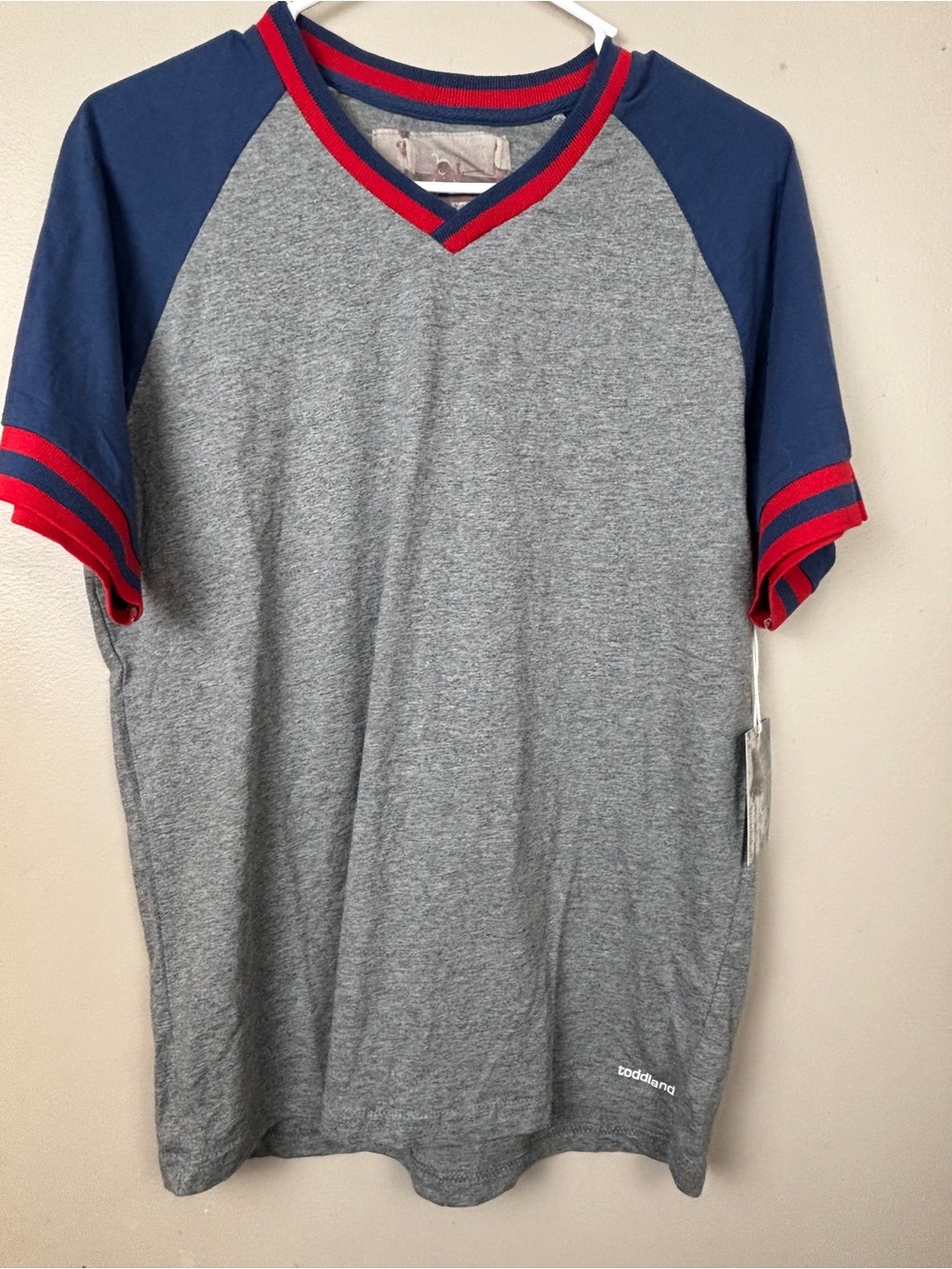 Grey & Navy Raglan V-Neck Tee with Red Trim